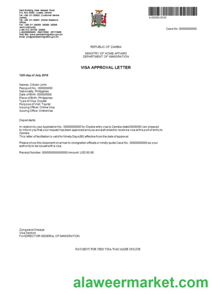 Zambia e-visa in Word and PDF template